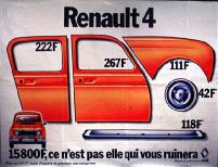 1977-Un des avantages de la R4 est ses pièces de rechange vendues 
      séparément et d'un prix raisonnable : "Renault 4, ce n'est pas elle qui vous ruinera".